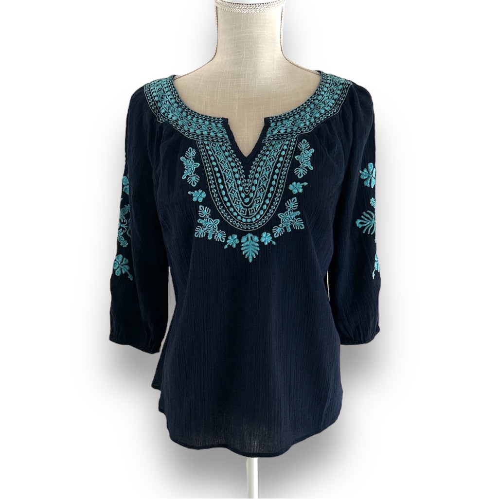 Talbots Embroidered Textured Navy Blouse Size Sp